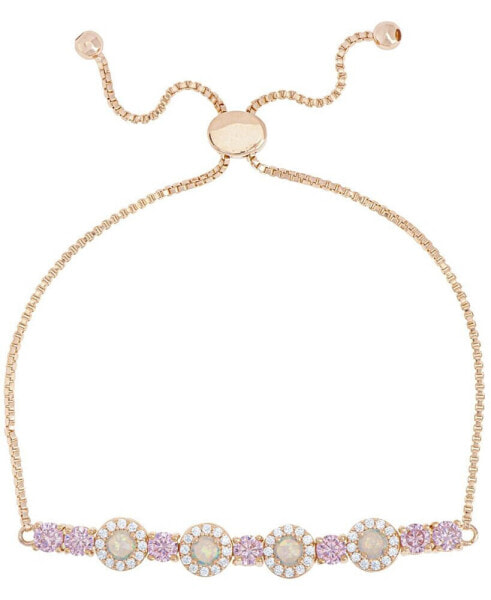 Simulated Opal and Pink Cubic Zirconia Round Adjustable Bolo Bracelet in Fine Rose Gold Plate