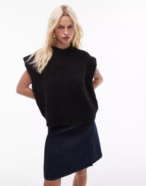 Topshop knitted crew boucle rib off shoulder relaxed vest in black