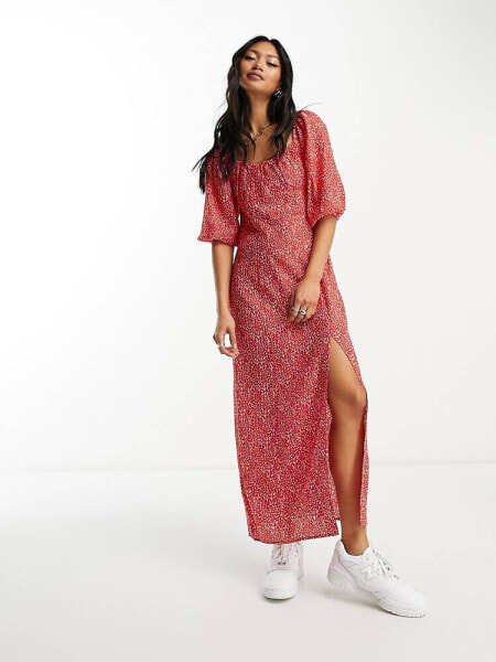 Mango puff sleeve midi dress in red and white spot