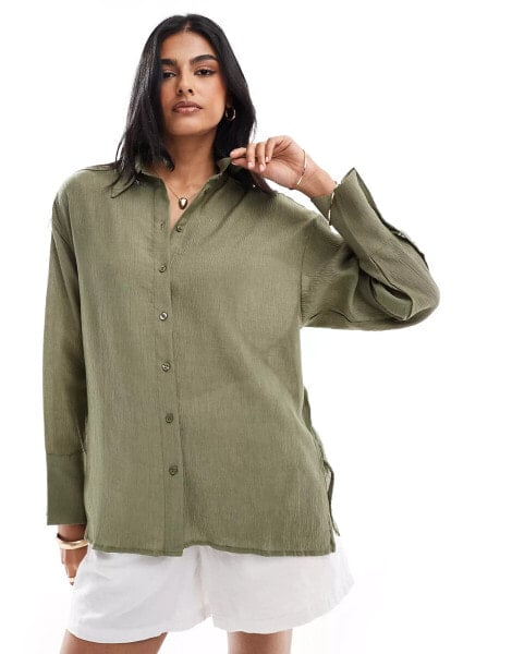 Bershka oversized crinkle shirt in khaki