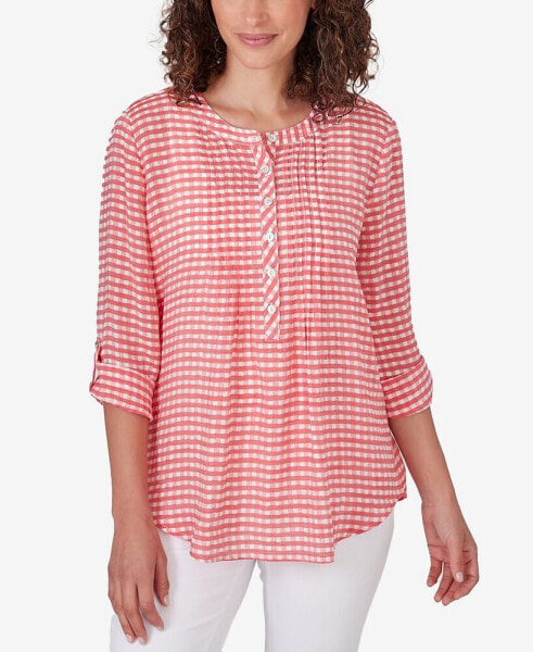 Petite Gingham Pintuck Roll-Tab-Sleeve Button-Front Top