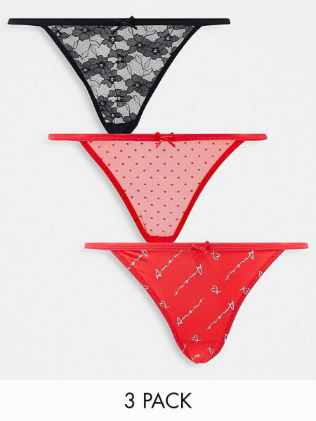 New Look 3 pack 'amour' mixed print bikini briefs