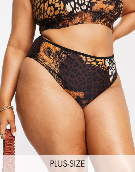 River Island Plus mixed animal print bikini bottoms in brown