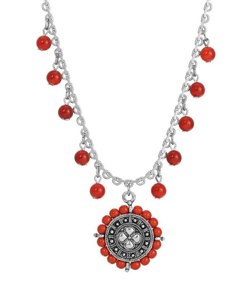 Silver-Tone Round Floral Disc Red Bead Necklace