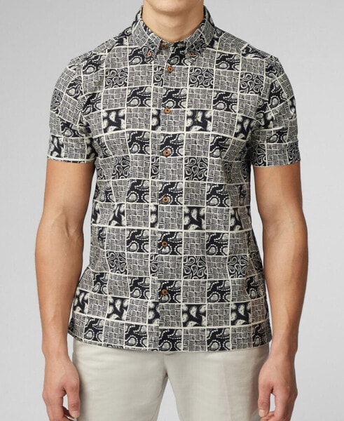 Men's Checkerboard Paisley Print Short Sleeve Shirt