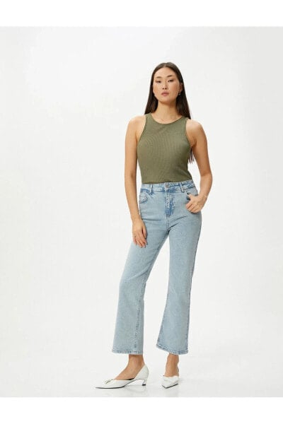 Kısa İspanyol Paça Kot Pantolon Dar Kalıp Standart Bel Cepli Esnek Pamuklu - Victoria Crop Jeans