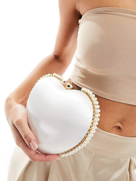 True Decadence pearl trim heart clutch bag in white satin 