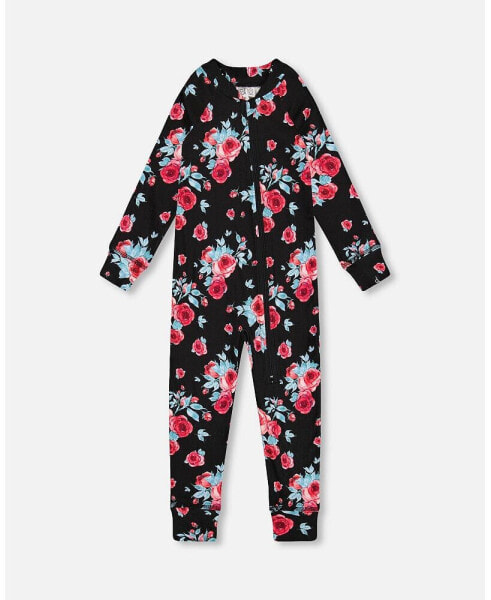 Baby Girls Baby One Piece Thermal Underwear Black Printed Roses