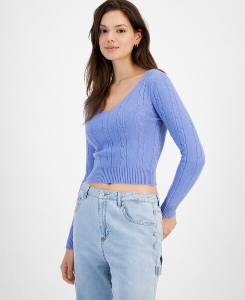 Juniors' Cropped V-Neck Cable-Knit Sweater