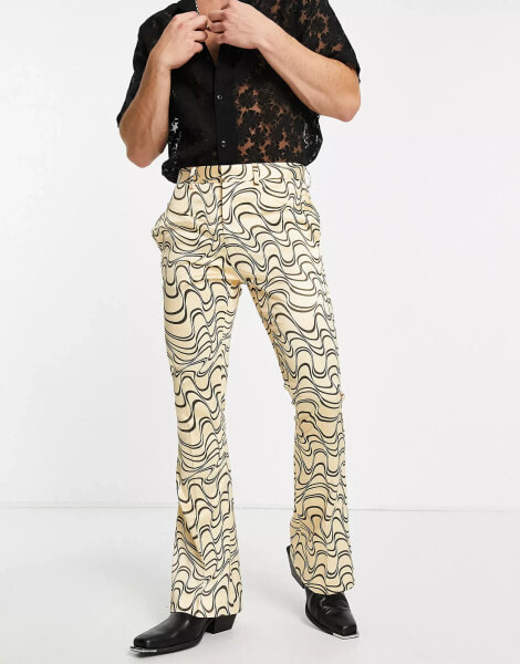 ASOS DESIGN skinny flared smart trousers in brown squiggle print satin