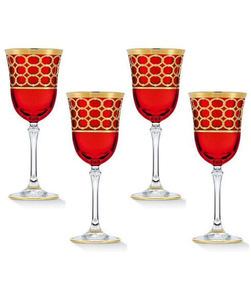 Deep Red Colored Red Wine Goblet with Gold-Tone Rings, Set of 4
