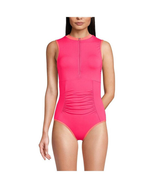 Women's Chlorine Resistant High Neck Zip Front One Piece Swimsuit