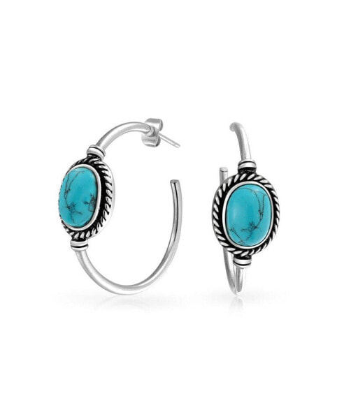 Western Style Oval Compressed Blue Turquoise Braid Edge Twisted Rope Large Hoop Earrings Oxidized Stainless Steel 1.25 Inch Diameter Stud Back