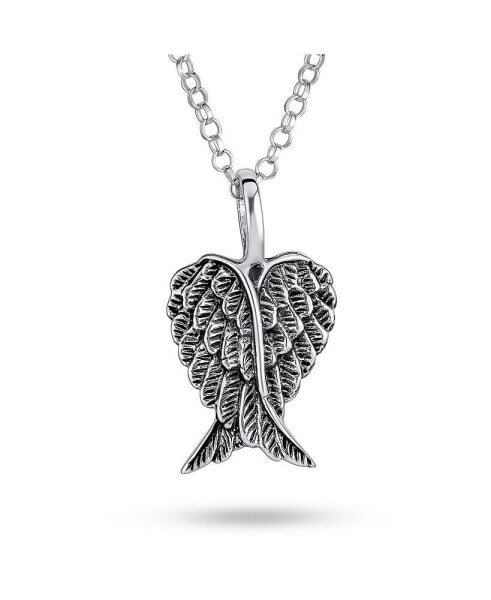 Amulet Feathered Heart Guardian Angel Wing Pendant Necklace For Women Teen Antiqued .925 Sterling Silver Small