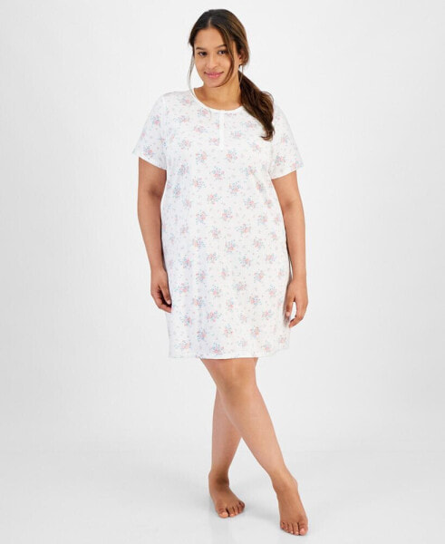 Plus Size Cotton Printed Henley Sleep Shirt, Created for Macy's