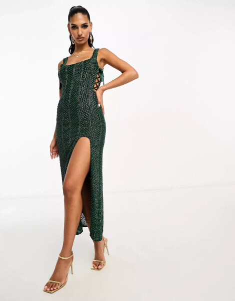 ASOS DESIGN embellished herringbone midaxi dress with cut out side detail in green