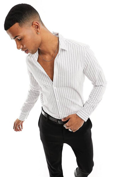 ASOS DESIGN slim fit stripe shirt in white and charcoal