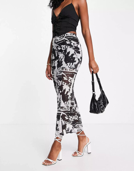 Fashionkilla mesh midi skirt in newspaper print