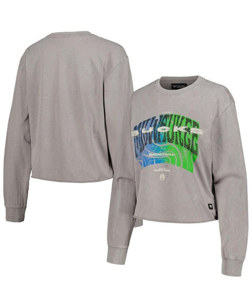 Women's Gray Distressed Milwaukee Bucks Band Cropped Long Sleeve T-shirt