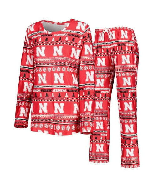 Women's Scarlet Nebraska Huskers Holiday Long Sleeve T-shirt and Pants Sleep Set