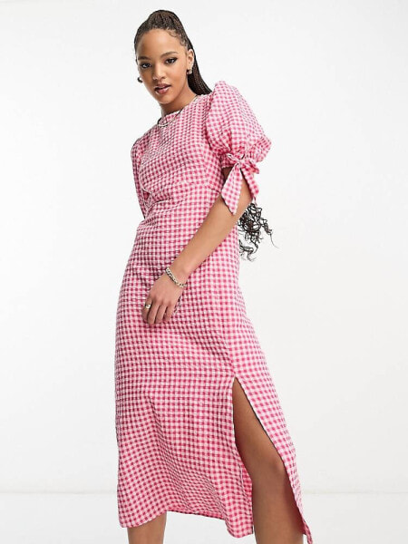 Nobody's Child Esme tie sleeve midi dress in pink and red gingham