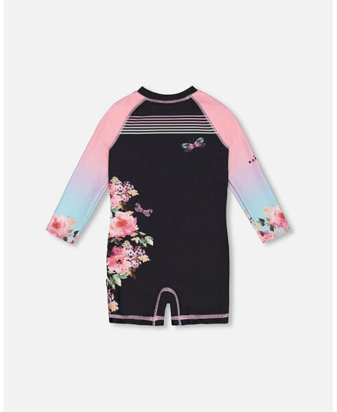 Girl Long Sleeve One Piece Rash guard Black With Big Flowers - Child