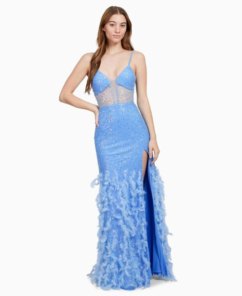 Juniors' Embellished Illusion-Corset Feather-Skirt Gown