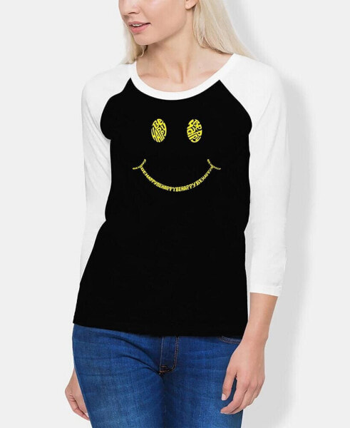 Women's Raglan Be Happy Smiley Face Word Art T-shirt
