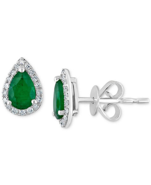 EFFY® Emerald (3/4 ct. t.w.) & Diamond (1/10 ct. t.w.) Halo Stud Earrings in 14k White Gold