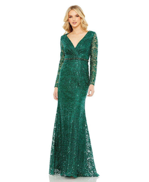 Women's Embellished Wrap Over Long Sleeve Gown