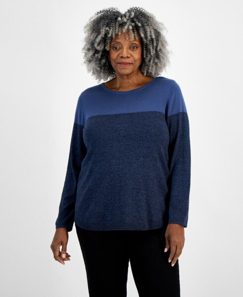 Plus Size Cotton Color-Blocked Curved-Hem Sweater, Created for Macy's