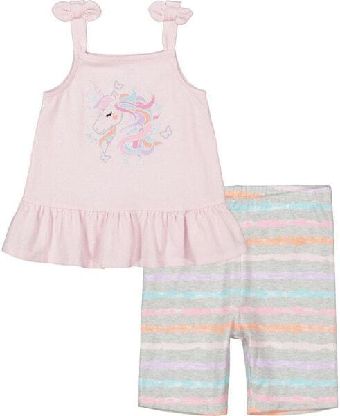 Little Girls Unicorn Tank Top and Crayon-Stripe Bike Shorts Set