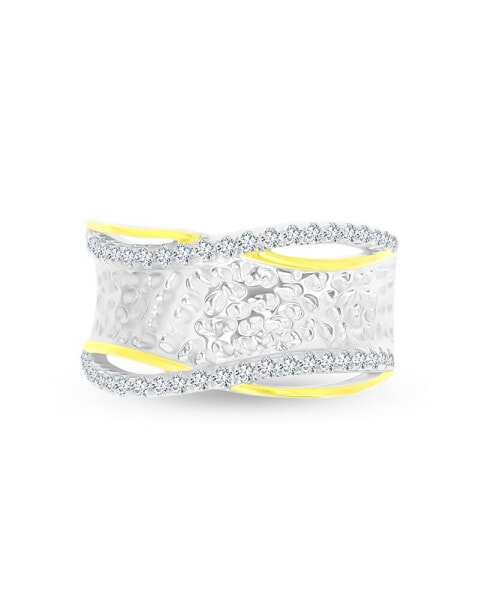 Cubic Zirconia Two Tone Hammered Criss Cross Ring