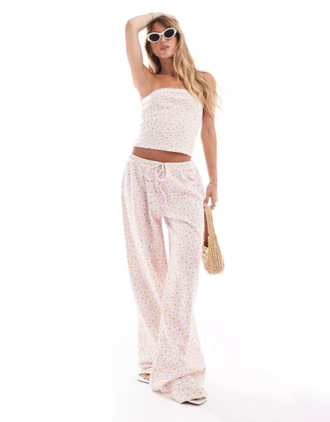 ASOS DESIGN wide leg waffle trouser co-ord in pink floral print