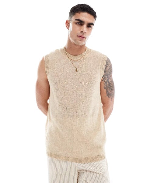 ASOS DESIGN relaxed knitted vest in open knit texture in stone