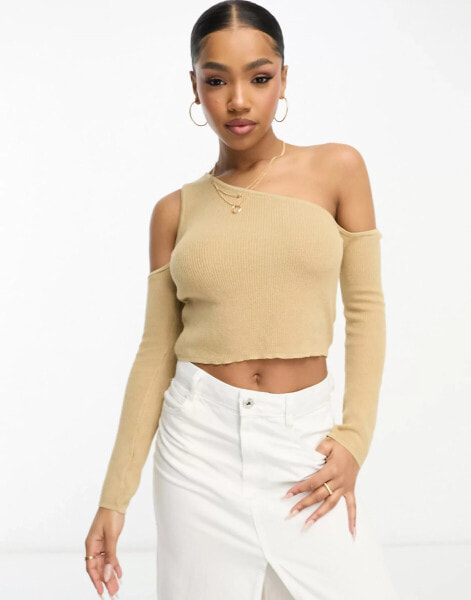 Stradivarius cold shoulder open knit top in camel