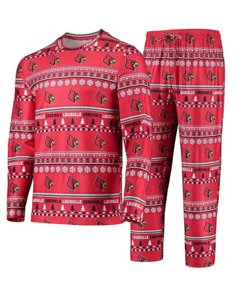 Men's Red Louisville Cardinals Ugly Sweater Long Sleeve T-shirt and Pants Sleep Set