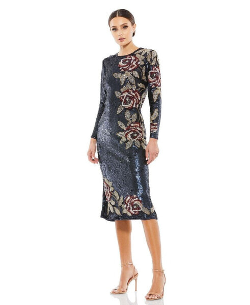 Women's Sequined Asymmetrical Floral Long Sleeve Midi Dress