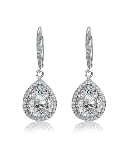 Sterling Silver white Gold Plated Pear Drop Cubic Zirconia Cluster Pear Leaver Back Earrings