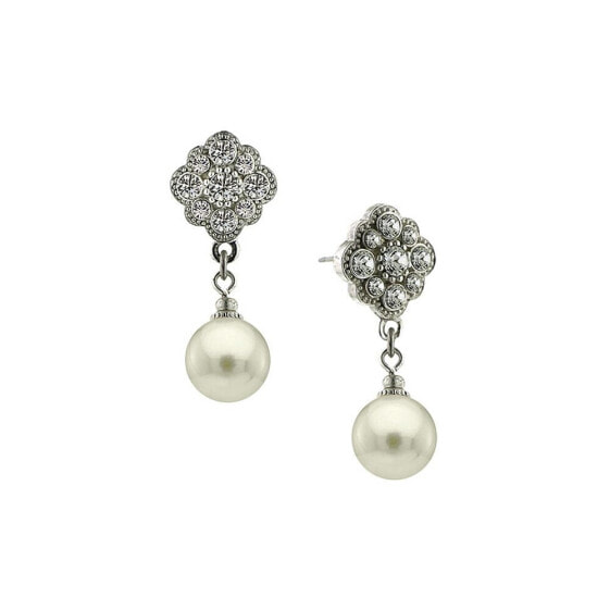 Silver-Tone Crystal and Simulated Pearl Round Drop Earrings