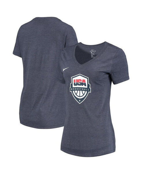 Women's Heathered Blue USA Basketball Team Logo Tri-Blend V-Neck T-shirt