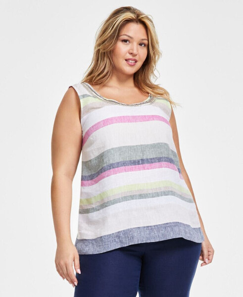 Plus Size Printed Scoop-Neck 100% Linen Top, Created for Macy's