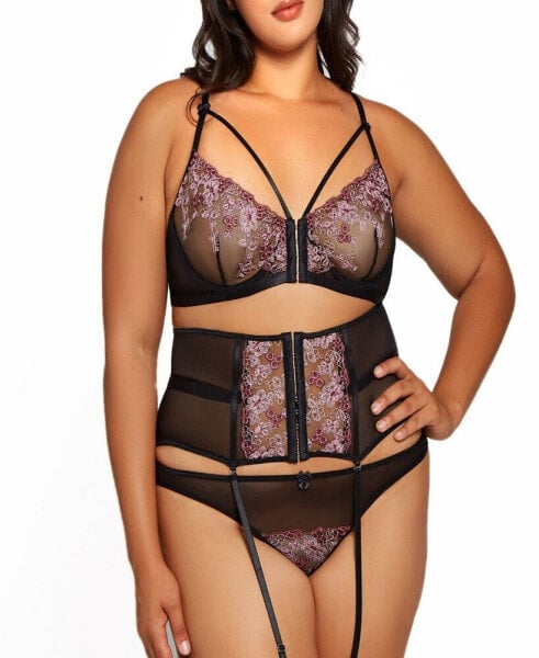 Plus Size Rosemary Lace and Mesh Bralette, Waist Cincher And Panty 3pc Lingerie Set