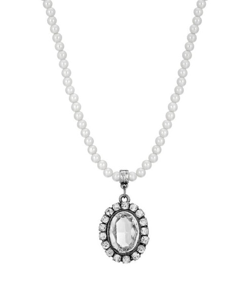 Silver Tone Crystal Rimmed Crystal Imitation Oval Pearl Strand Necklace