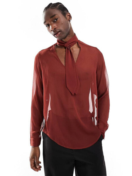 ASOS DESIGN relaxed deep v neck shirt with attached tie neck in rust