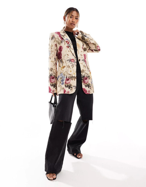 NA-KD straight fit linen look blazer in floral