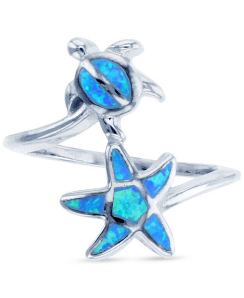 Lab-Grown Opal Inlay Star & Turtle Bypass Ring in Sterling Silver