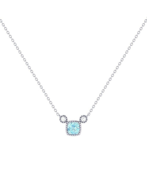 Cushion Aquamarine Gemstone Round Natural Diamond 14K White Gold Birthstone Necklace