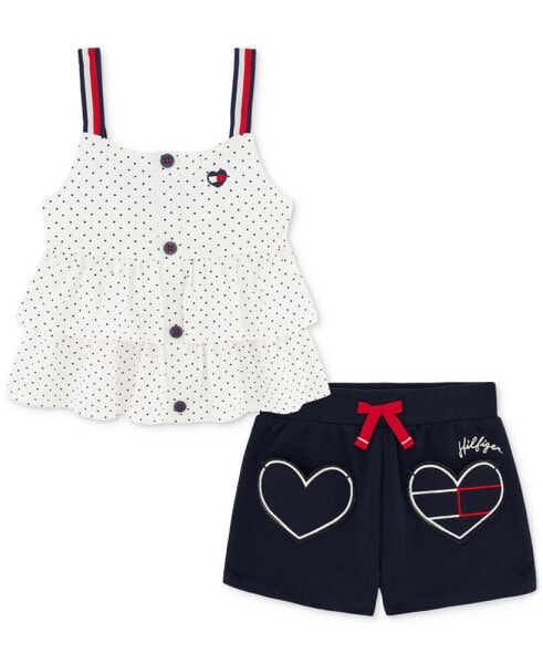 Baby Girls Tiered Jersey Babydoll Top & French Terry Logo Shorts, 2 Piece Set