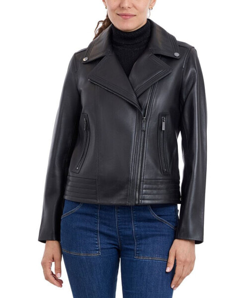 Petite Asymmetric Leather Moto Coat